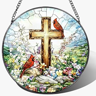 Stained Glass Window Hanging, 8" Cardinal Suncatcher, Christian Cross Window Hanging Decor, Religious Home Decor, Religious Gift, Christian Gift, Memorial Gifts, Sympathy Gifts for Loss of Loved One