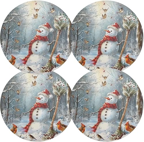 Miniatura 2 de Juego de 4 manteles individuales redondos con diseño de muñeco de nieve de Navidad, árbol de Navidad, Año Nuevo, nieve, manteles individuales de 15