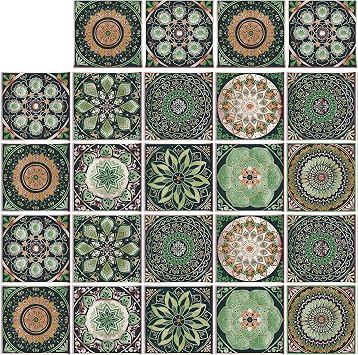 24Pcs Tile Stickers 7.87x7.87 Mandala Style Tile Stickers Peel and StickTile Decals Detachable Self-Adhesive Square Wall Decals, Tile Wallpaper for Kitchen Bathroom Backsplash Wall 7.87x7.87in