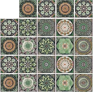 24Pcs Tile Stickers 3.93x3.93 Inch Mandala Style Tile Stickers Peel and Stick Tile Decals Detachable Self-Adhesive Square Wall Decals, Tile Wallpaper for Kitchen Bathroom Backsplash Wall (3.93x3.93in)