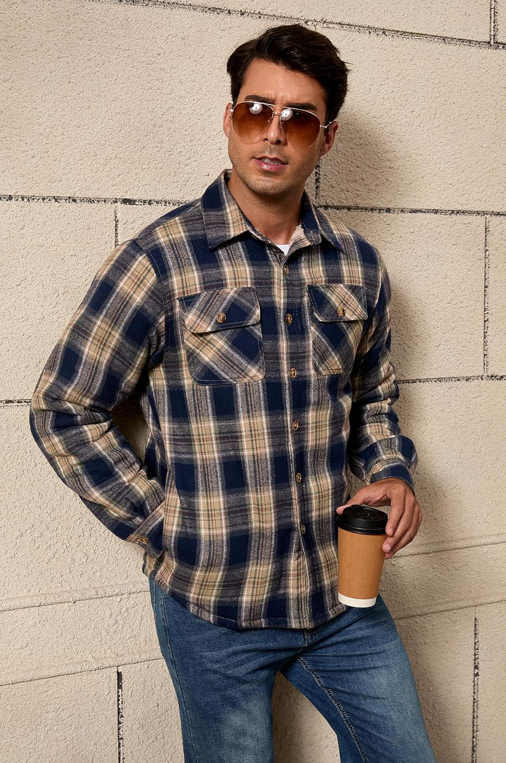 Men's Sherpa Lined Cotton Flannel Shirt Jacket Button Down Long Sleeve Fleece Jacket for Men - Image 5