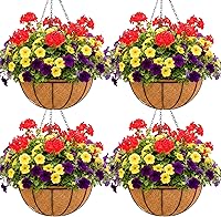 Vista 9 de Cestas colgantes de metal de 14 pulgadas para plantas al aire libre, paquete de 4, cestas colgantes redondas de alambre de metal con revestimiento