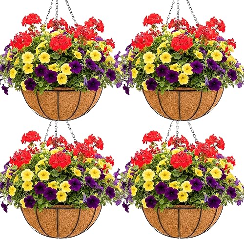 Miniatura 9 de Cestas colgantes de metal de 14 pulgadas para plantas al aire libre, paquete de 4, cestas colgantes redondas de alambre de metal con revestimiento