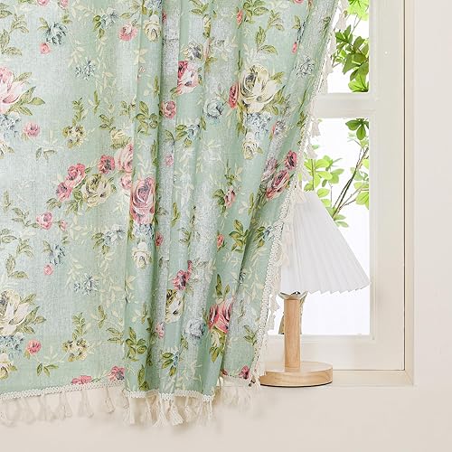 Miniatura 22 de Cenefa de mezcla de lino floral para ventana de 20 pulgadas de largo, cenefas de cortina de cocina con borlas, rosa rosa, retro, elegante, cortinas