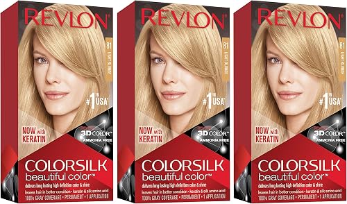 Revlon Permanent Hair Color, Permanent Hair Dye, Colorsilk with 100% Gray Coverage, Ammonia-Free, Keratin and Amino Acids, 81 Light Blonde, 4.4 Oz (Pack of 3)