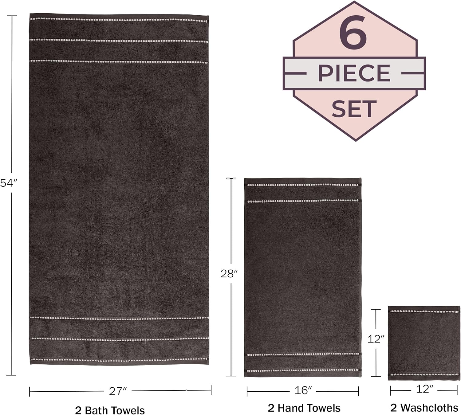 Lavish Home 6 Piece Bathroom Towels Set - 525GSM 100% Cotton Bathroom Essentials - 2 Bath Sheets, 2 Hand Towels, and 2 Wash Cloths for Bath, Shower, Gym, Spa, and Dorm Room (Charcoal)