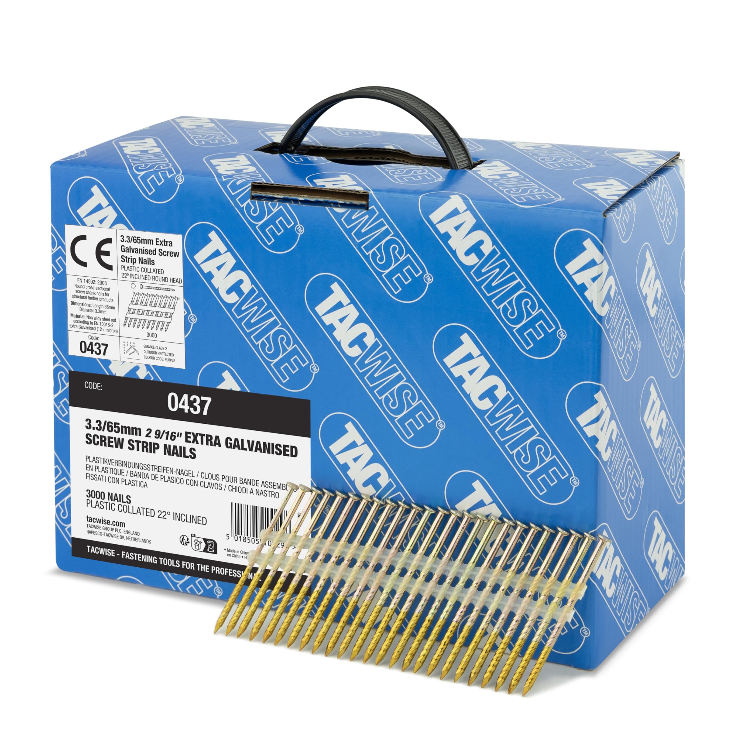 Tacwise 0437 Chiodi per Intelaiature 3,3/65 mm, Zincati Extra con Testa a 'D', Gambo Elicoidale, Inclinati a 22°, Montati su Plastica, Confezione da 3000