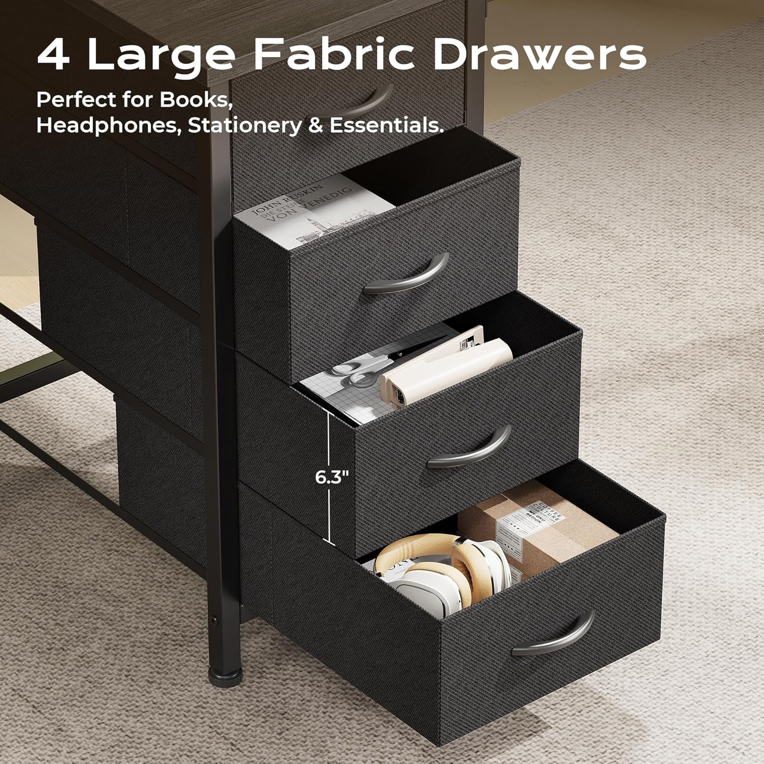 Huuger 55 Inch L Shaped Desk with Fabric Drawers, Reversible Computer Gaming Desk with Power Outlets and USB-C Port, Adjustable Side Storage Shelves, for Work Study Corner Home Office, Grey