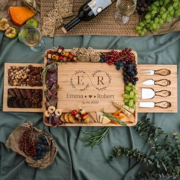 Personalized Bamboo Charcuterie Board Set with Cheese Knives, Custom Engraved Large Cheese Platter & Nut Tray, Unique Wedding, Anniversary, Housewarming, Birthday Gift for Couples