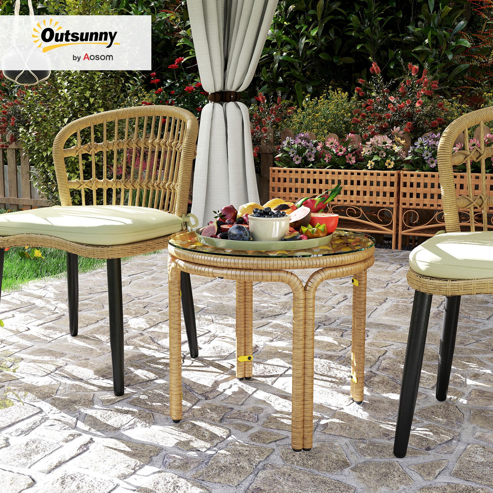 Outsunny Tavolino da Giardino in Rattan e Vetro, Tavolo da Caffè Rotondo Ø50x44 cm, Giallo