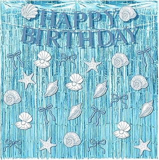 Epakh 39 Pcs Coastal Blue Bow Starfish Seashell Party Decorations Includes 24 Pcs Paper Cards Decor 13 Happy Birthday Banner 2 Foil Fringe Curtain Backdrop for Ocean Photo Prop Party Supplies