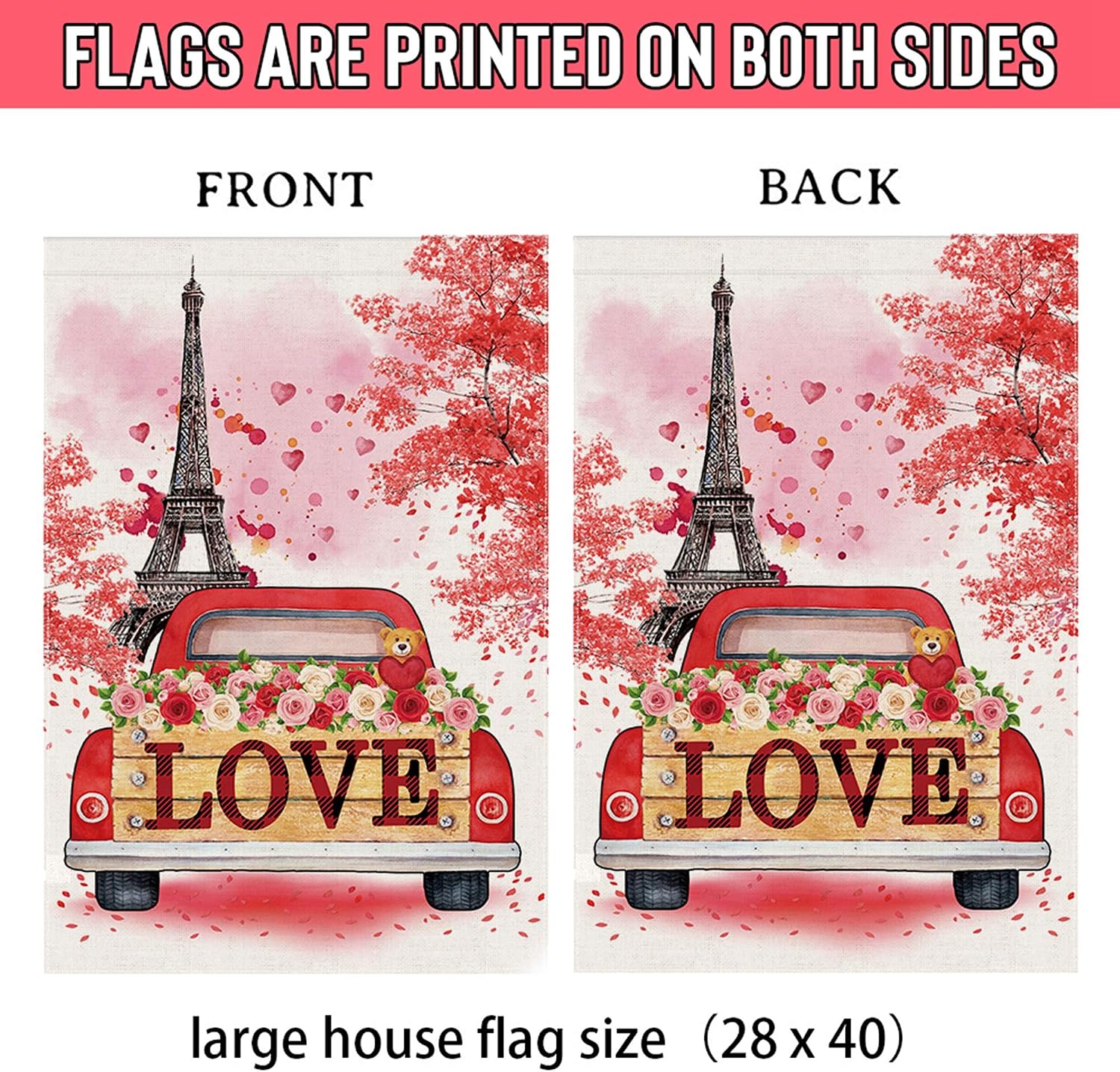 pinata Valentine Flag 28 x 40 Inch Double Sided Decorative Red Truck Love Eiffel Tower Large Burlap Valentine Day Welcome Garden Flag for Home Outdoor, Rose Spring House Flag Sesonal Holiday Banner