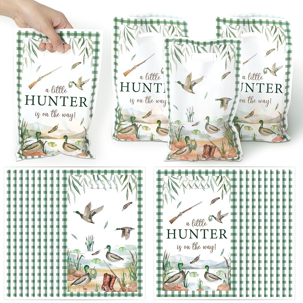 ArianQicult 50Pcs Mallard Duck Baby Shower Party Favor Bags, A Little Hunter Is On The Way Plastic Goody Candy Treat Bags Party Decorations for Boys Girls Baby Shower Birthday Supplies