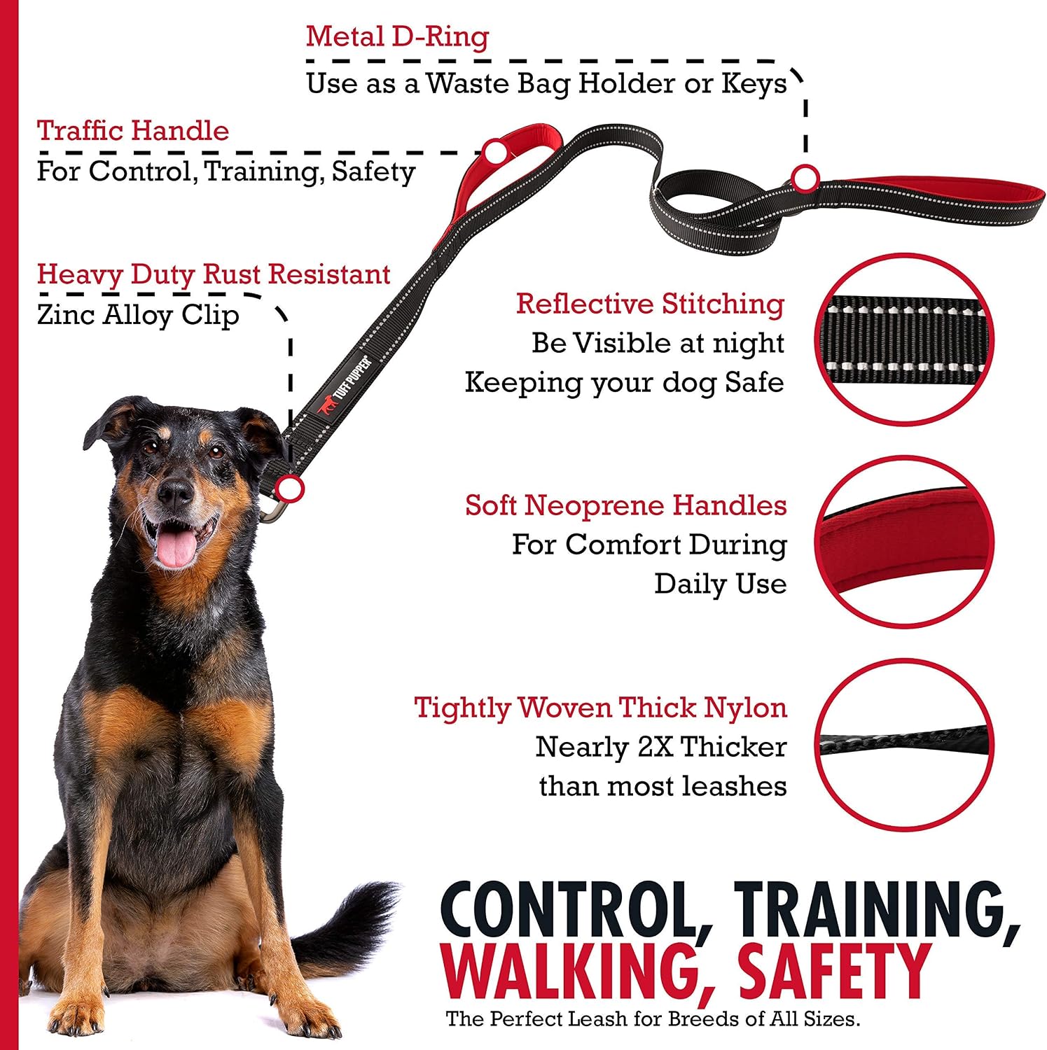 Tuff Pupper Avail Leash and Hero Collar (Neck Size 17-23") | Matching Black Color | Heavy Duty Ballistic Nylon | Safety Features for Strong Dogs | Reflective for Safe Night Walks