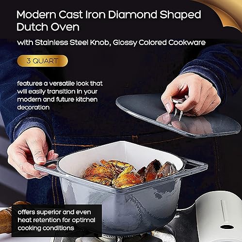 Miniatura 4 de Bruntmor Horno holandés esmaltado de hierro fundido de 3 cuartos de galón, diseño moderno en forma de squoval. Olla sazonada antiadherente con