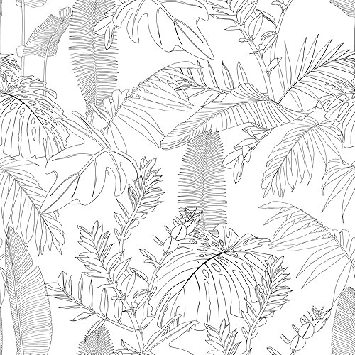 Papel tapiz floral para despegar y pegar, color blanco y negro, papel tapiz vintage con diseño de plantas, extraíble y autoadhesivo, papel tapiz de
