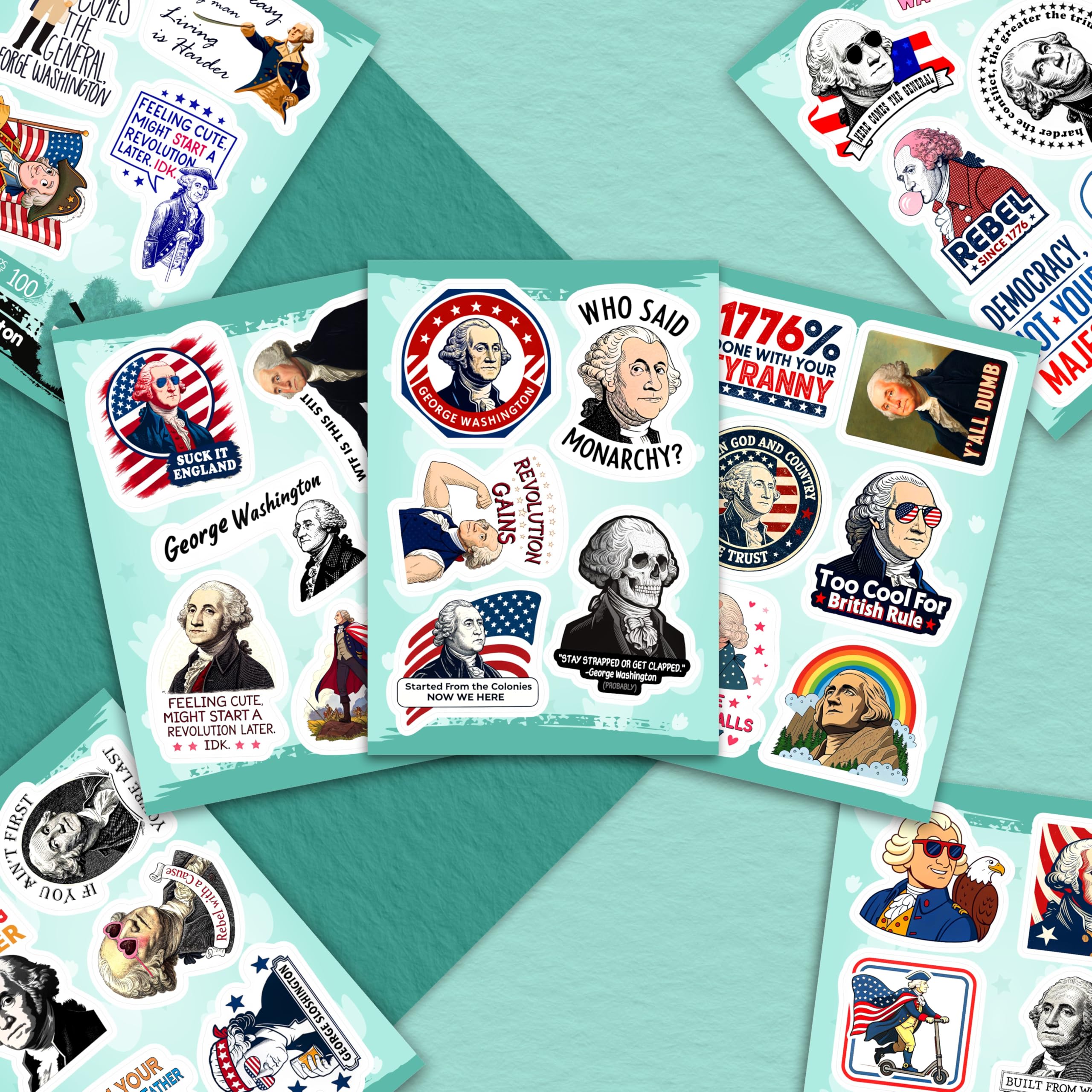 Zestaw 100 naklejek George Washington, zabawny prezydent, portret George'a Washingtona, naklejki prezydenta Ameryki, prezent dla kobiet i mężczyzn