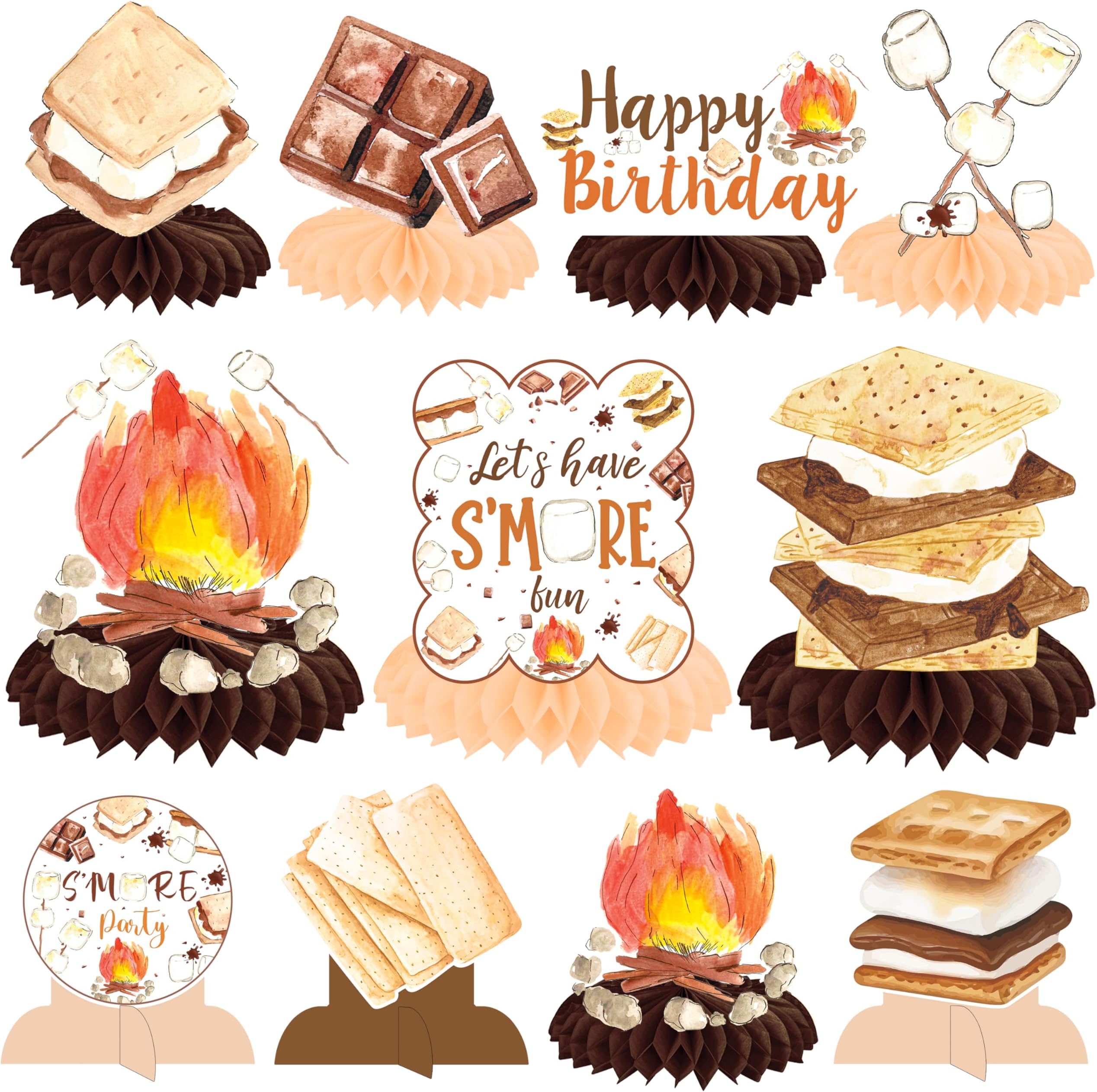 S'More Party Honeycomb Centerpieces 11Pcs S'More Birthday Party Decorations Bonfire Camping Party Table Centerpieces Decor for Smore Theme Camping Campfire Camper Birthday Party Supplies
