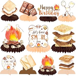 S'More Party Honeycomb Centerpieces 11Pcs S'More Birthday Party Decorations Bonfire Camping Party Table Centerpieces Decor for Smore Theme Camping Campfire Camper Birthday Party Supplies
