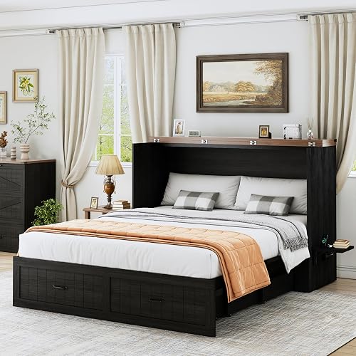 Full Murphy Bed with Storage & Charging Station, Farmhouse Murphy Cabinet Bed with Large Drawer, Hideaway Foldable Platform Bed for for Guest Room, Bedroom, Home Office, Black