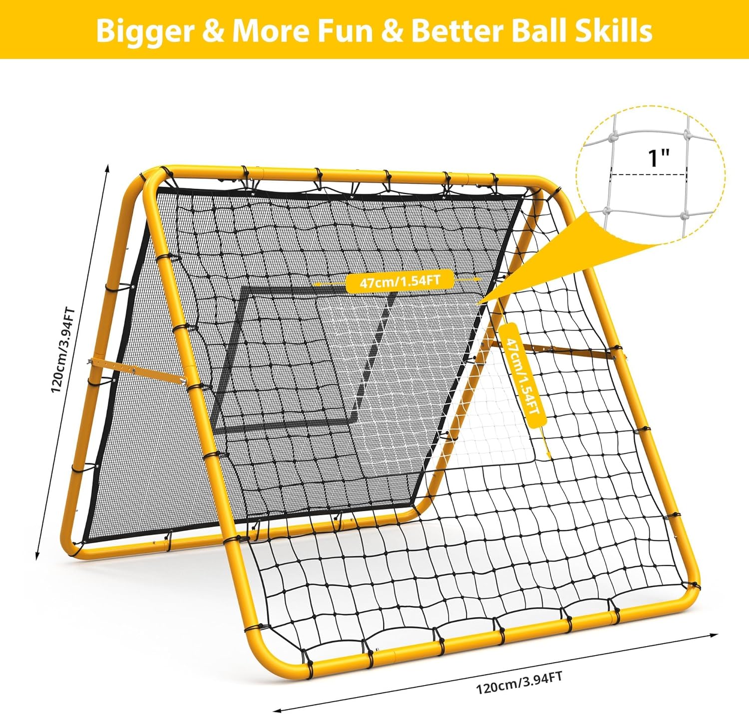 Adjustable 4x4 ft Multi-Sport Rebounder Net – Dual Training Net for Soccer, Baseball & Softball, Portable and Foldable for All Skill Levels