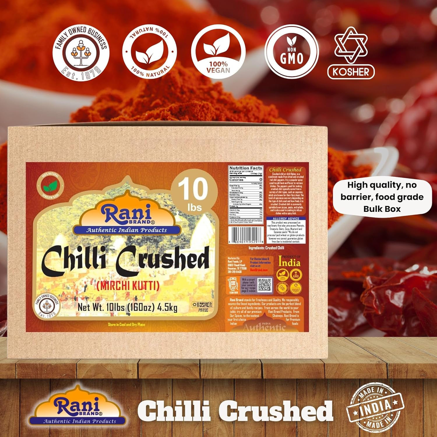Rani Crushed Red Pepper Flakes Chilli (Pizza Type Cut) 160oz (10lbs) 4.54kg Bulk Box ~ All Natural, No Color added, Gluten Friendly | Vegan | NON-GMO | Kosher | No Salt or fillers
