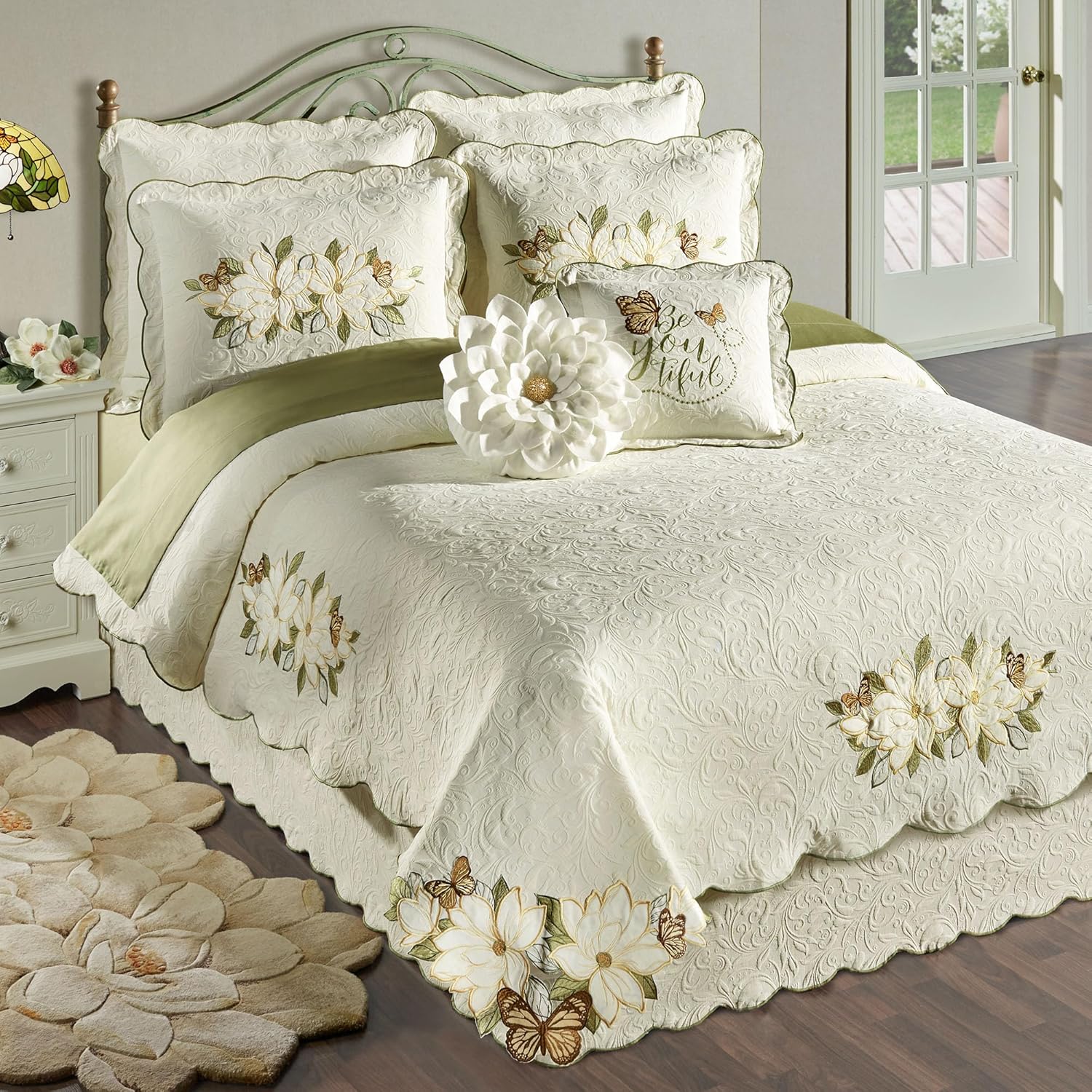 Sweetbay Garden Luxury Matelasse Bedding | Magnolia Flower, Butterfly, & Leaf Velvet Appliques | 4-Pc Ivory Textured Scroll Lightweight Bed Set: Oversized Full Coverlet, Bedskirt, & 2 Standard Shams