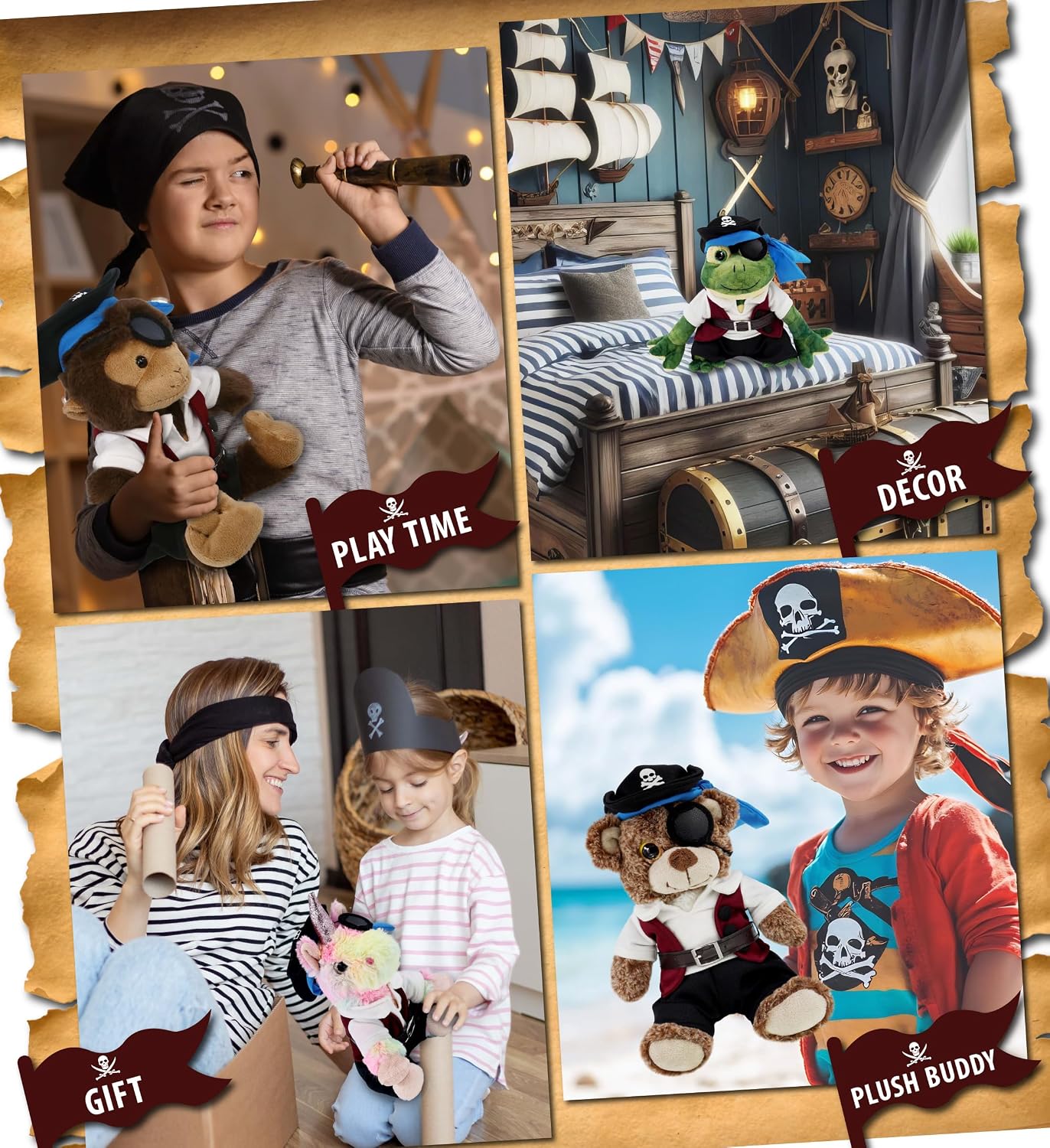 DolliBu Pirate Costume Dress Up Set for Stuffed Animals, Large, 8-10 Inches | dress-up set with shirt, vest, pants, skull hat and eye patch, fits plush toys and teddy bears, halloween themed plush toys