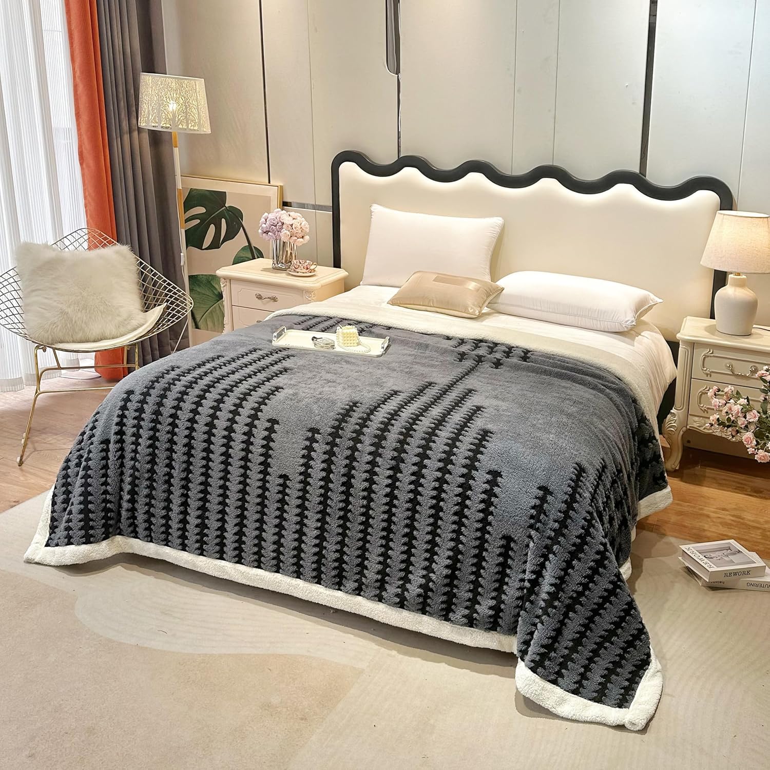 LEVINIS Boho Sherpa Throw Blanket 60'' × 80'', Sherpa Fleece Blankets for All Season, Southwestern Aztec Native American Cozy Blankets for Bed/Couch/Sofa/Office/Camping, Dark Grey - Image 2