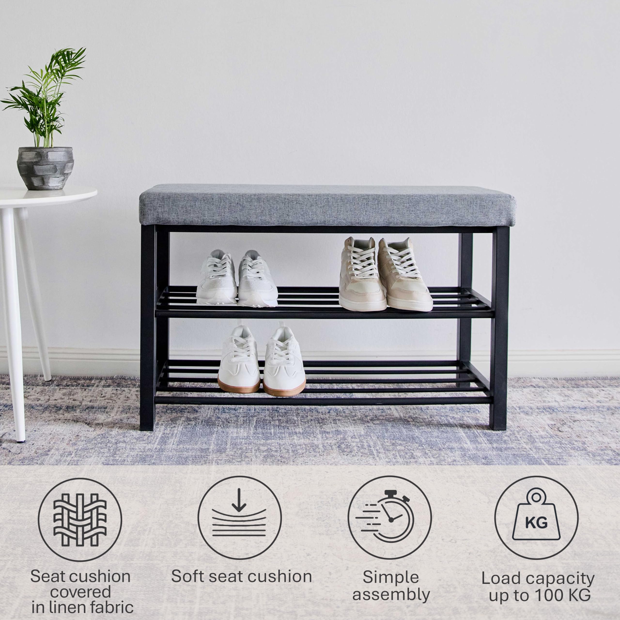 Love IT Store IT Loft ławka na buty z siedziskiem – wąski regał na buty z ławką do siedzenia i 2 półkami – łatwy montaż – czarna/antracytowa – 80 x 31 x 50 cm