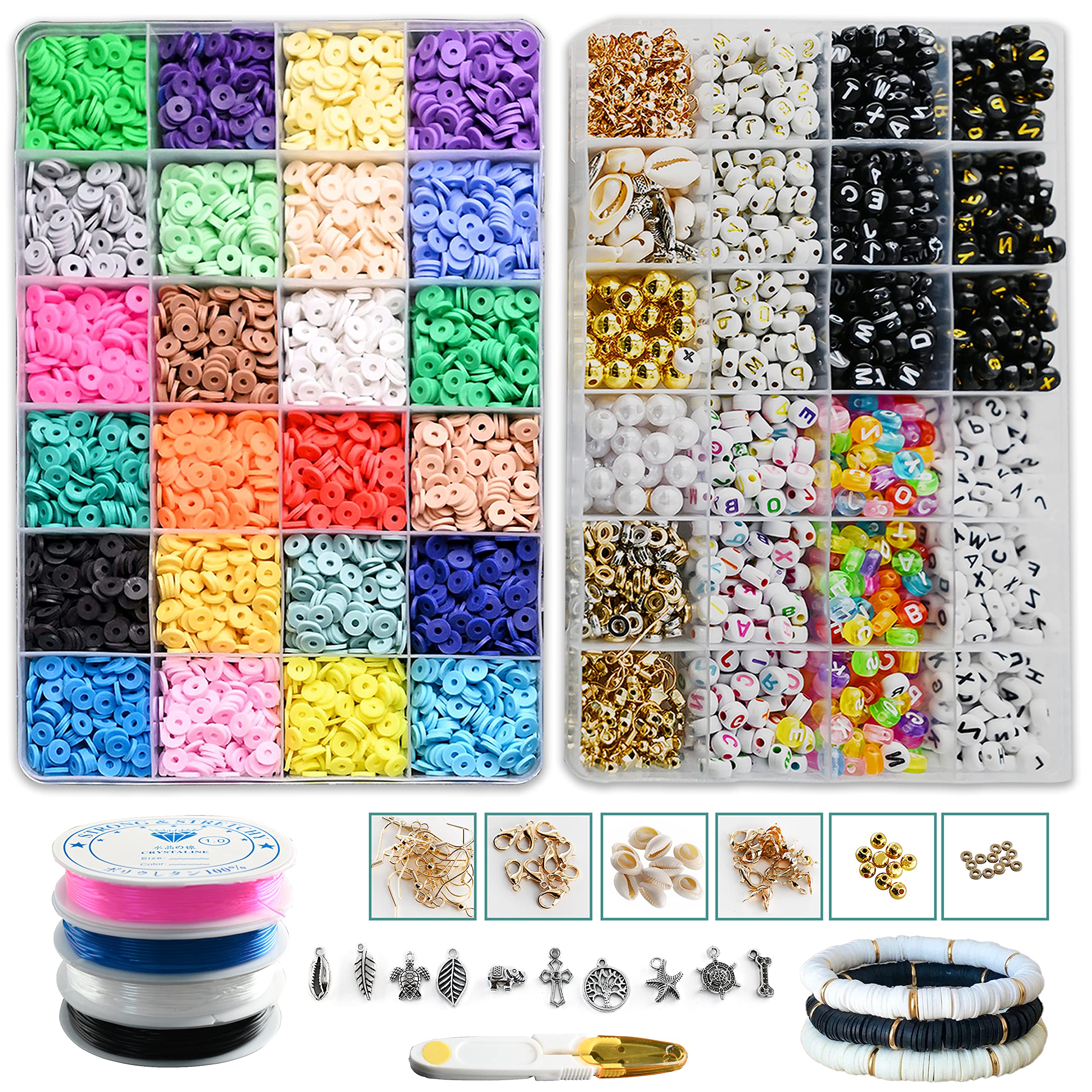 Letter Beads 7200pcs Set - Clay Beads Bracelet Making Kit Include 24 Colors Flat/Round Polymer Bracelet Beads 6mm with Pendant Letter Beads & Elastic String - Beads for Jewelry Making