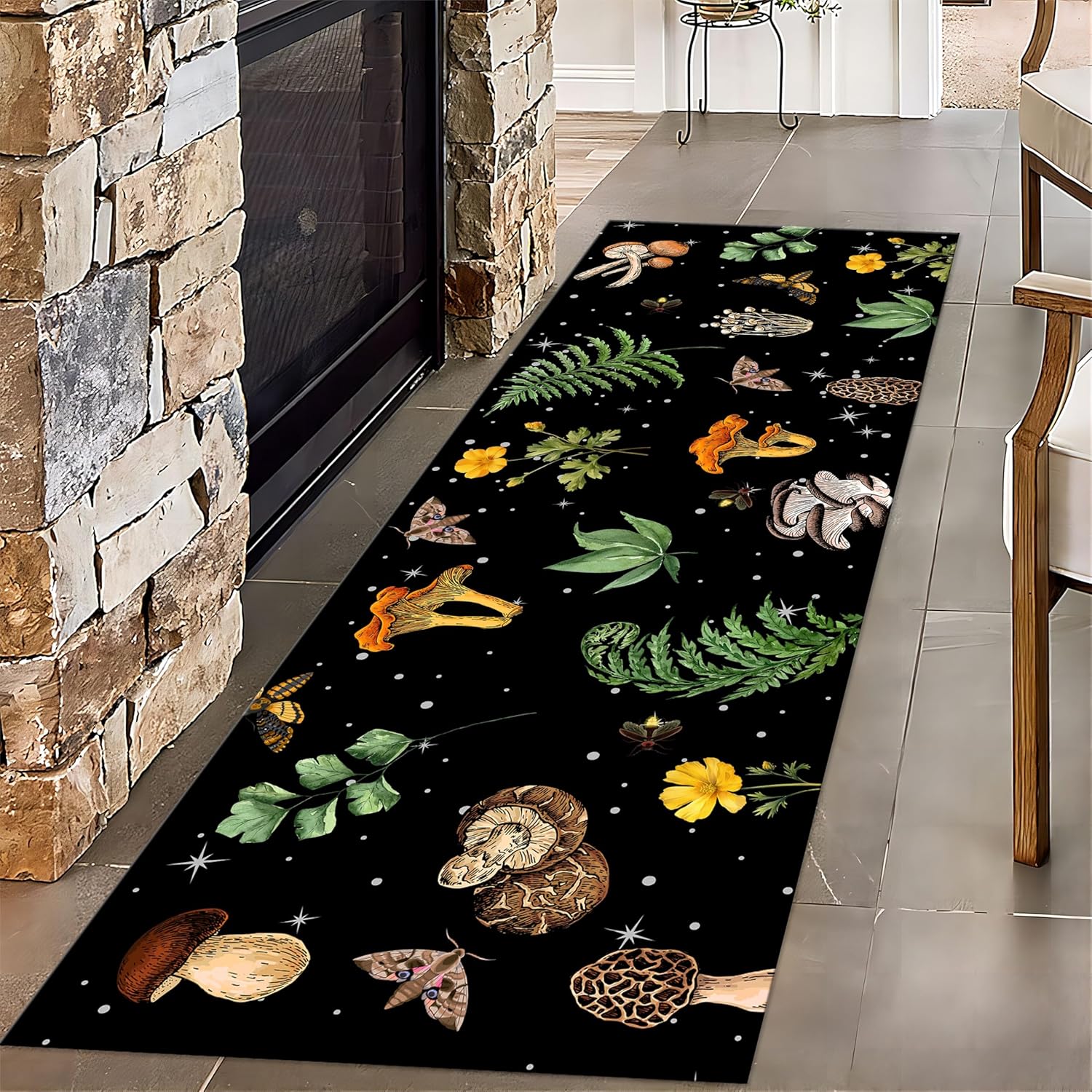 Boho Cartoon Mushroom Runner Rug, 1.3x7ft, Forest Hazelnut Mushroom Snail Area Rugs for Living Room, Cozy Soft Print Fade Resistant Mats, No Crease Soft Low Pile Thin Carpets for Kitchen