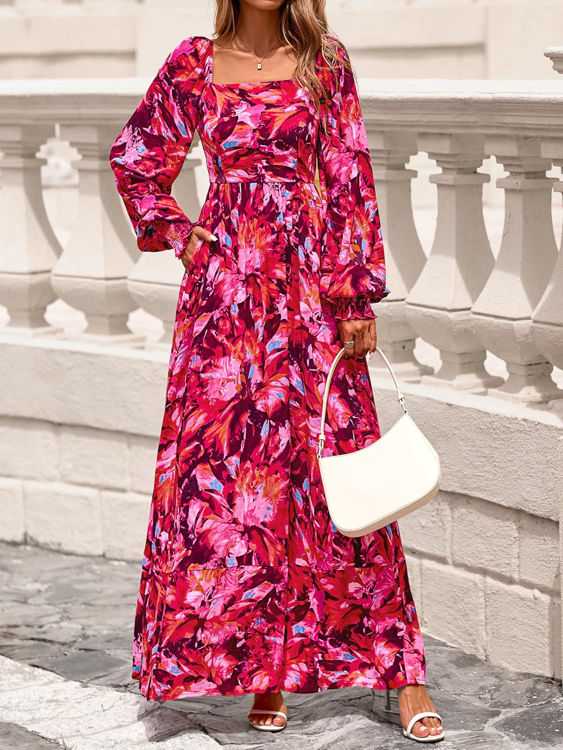 PRETTYGARDEN Women Floral Maxi Dresses 2026 Spring Long Sleeve Square Neck Boho A Line Wedding Guest Casual Flowy Long Dress - Image 3