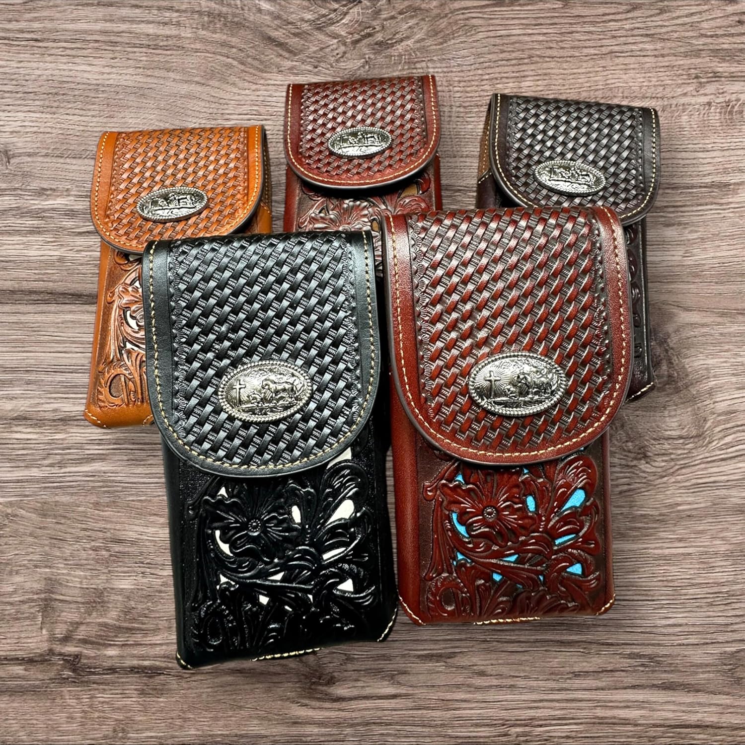 XXL Western Leather Phone Holster – Laser Cut Floral & Basket Weave – Cowboy Praying at Cross Concho – Oversized Belt Clip Case