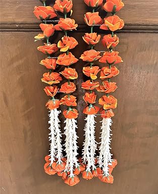 Sphinx artificial velvet roses garlands with clustered tuberose (rajnigandha) for festive pooja wedding housewarming decorations approx. 2.5 ft (Marmalade Orange, 2)