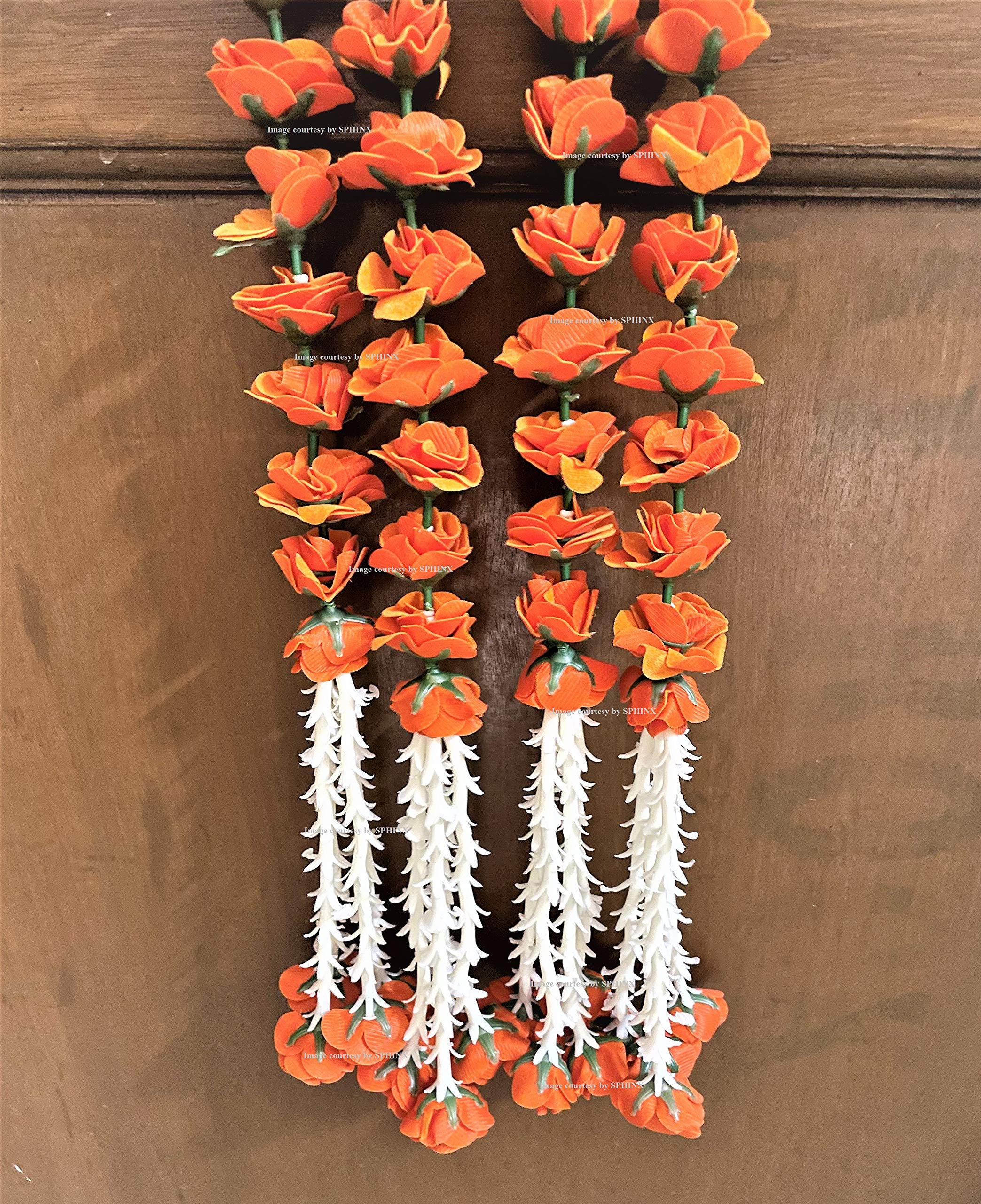 Sphinx artificial velvet roses garlands with clustered tuberose (rajnigandha) for festive pooja wedding housewarming decorations approx. 2.5 ft (Marmalade Orange, 6)