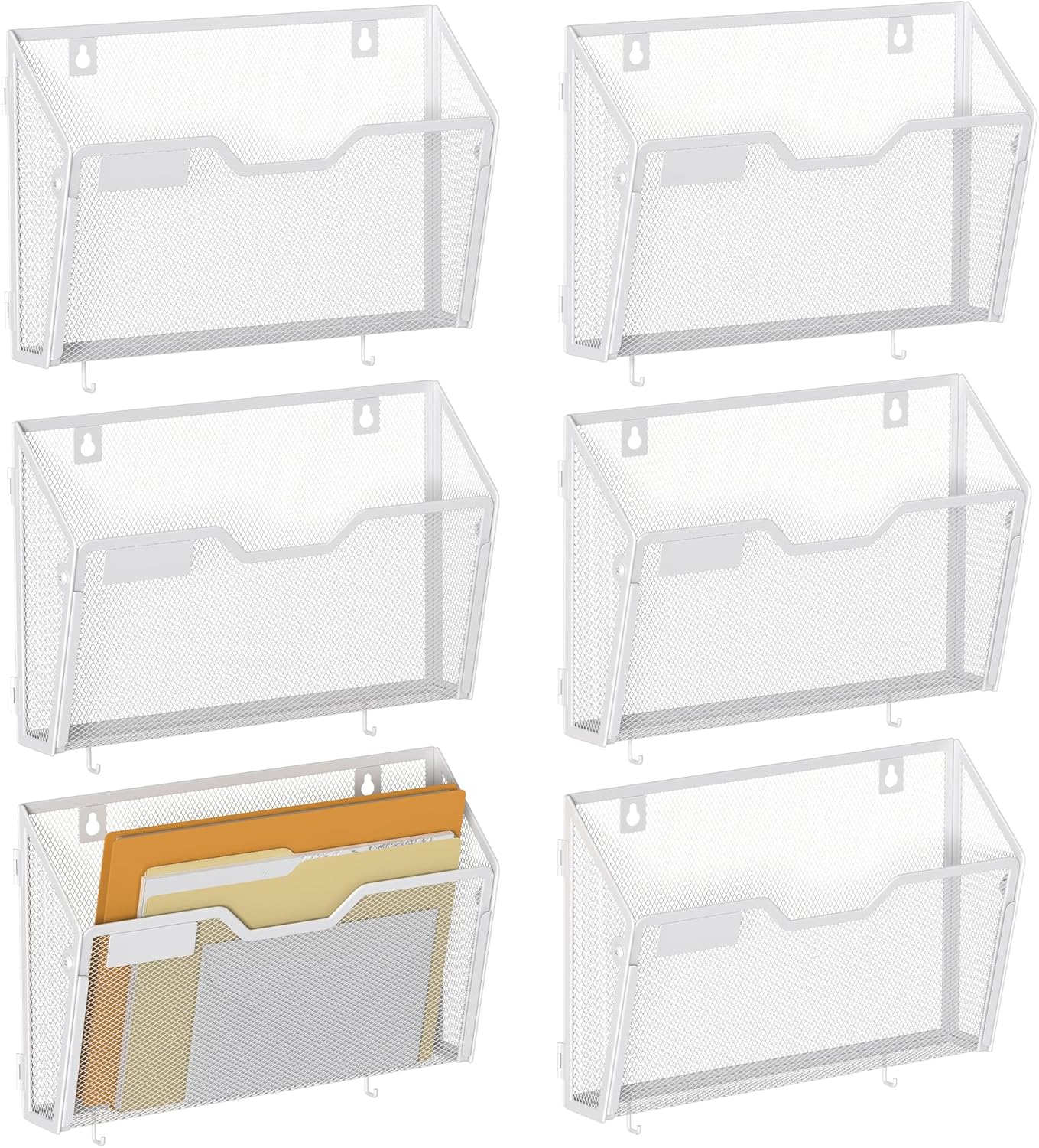 YINGHUA 6 Pack Mesh File Holders Wall Mounted - Durable Metal Hanging Organizer with Hooks - 12.6 Inch Vertical Wall Baskets for Mail Papers Office Home and School Storage - Black