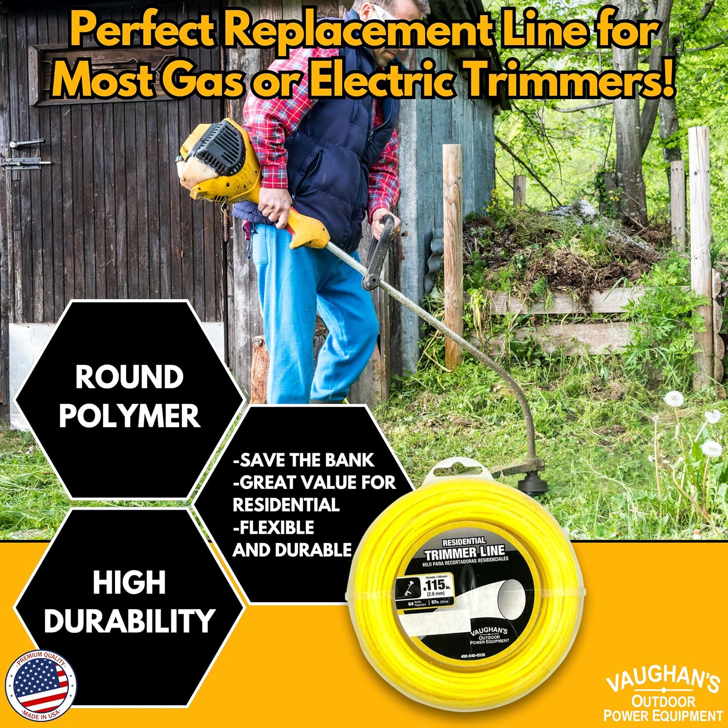 Vaughan's Economy .115" Trimmer Line, 97ft | Yellow Round Polymer | Residential Universal Weed Eater String for Gas & Electric & Battery Models | Made in The USA (6 Pack)