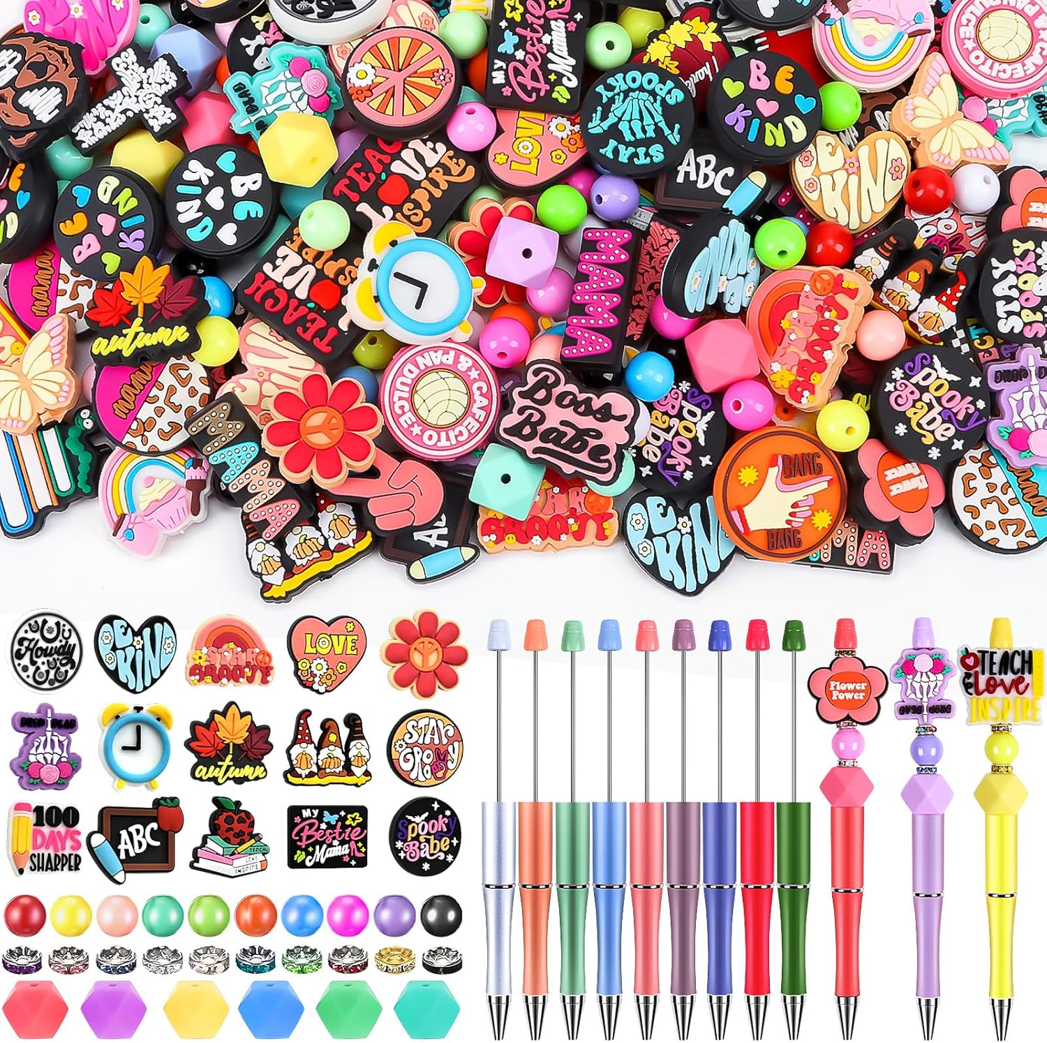 Kanmeii 200 Pcs Silicone Focal Beads for Pen Making Kit-12 Beadable Pens 188 Focal Beads Set for Keychains Lanyards Bracelets Jewelry DIY(Mixed Style)