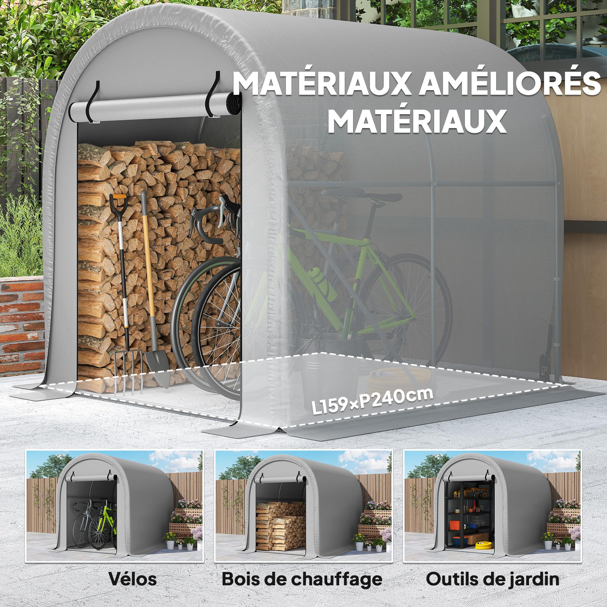 Outsunny Abri de Jardin Tente de Stockage Garage à Vélos - Acier Galvanisé & 160g/m² PE Anti-UV pour Moto et Tondeuse - Dôme Anti-Pluie Multi-Usage avec Ancrage 159x240x185cm, Gris Clair