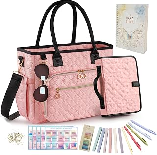 Large Bible Bag with Bible Cover Case for Women, Quilted Church Tote Bag with Bible Study Supplies, Shoulder Strap, Waterproof Material, Easy to Clean, Christian Gift for Bible Lovers