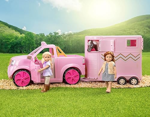 Miniatura 5 de Lori Dolls Ride & Shine Pickup Truck - Coche rosa para mini muñecas de 6 pulgadas, enganche de remolque y puertas que se abren, vehículo de juguete
