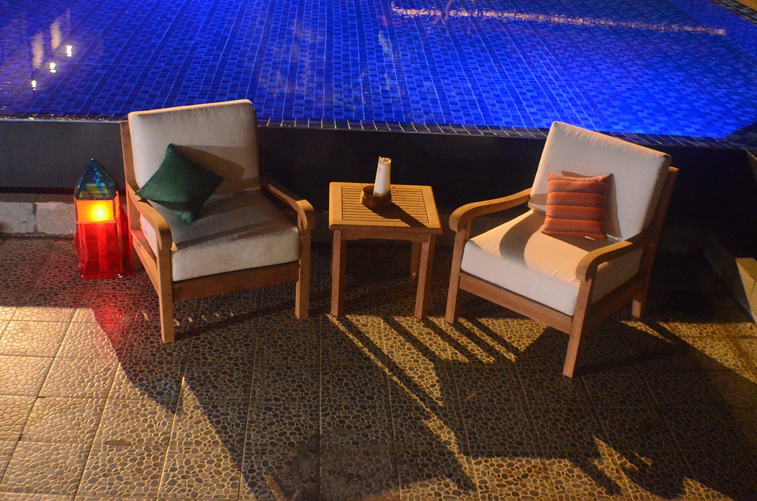 3 PC A Grade Outdoor Patio Teak Sofa Furniture Set - 2 Lounge Chairs & 1 Side Table with Sunbrella Fabric Cushions - Naples Collection