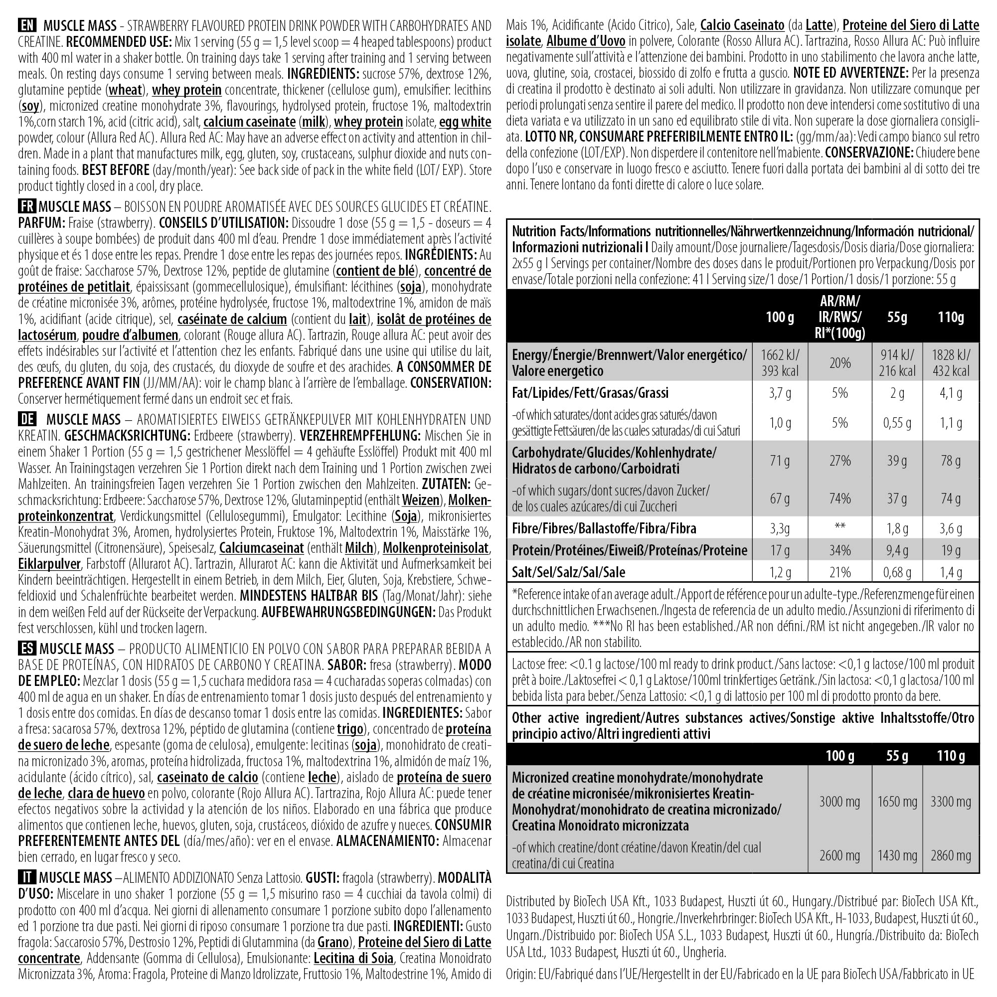 BioTechUSA Muscle Mass | Protéines et glucides en poudre | avec créatine et peptides de glutamine | Gainer | Sans lactose | Créatine micronisée | 4 kg | Fraise