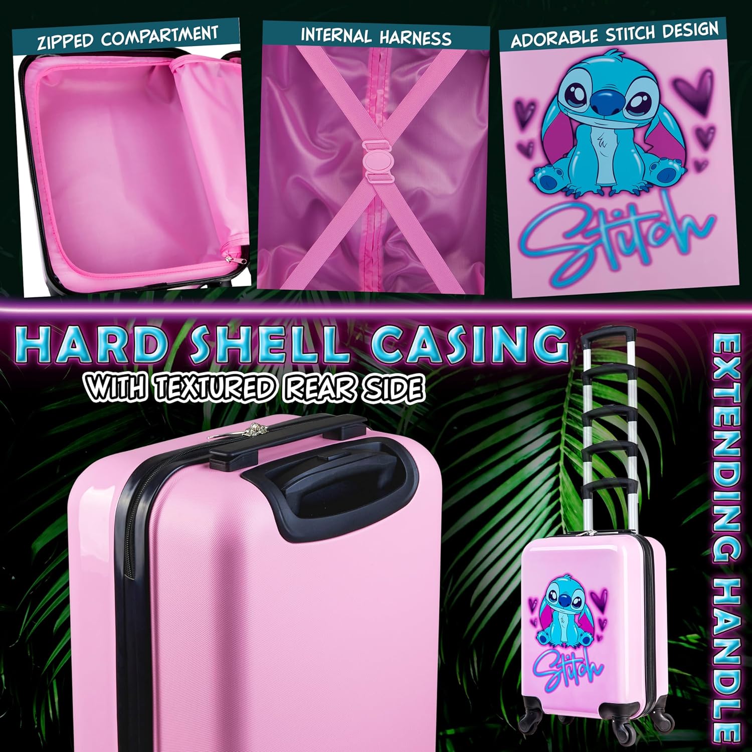 Disney Stitch Suitcase Set or Individual, Hard Shell Suitcase with Wheels 28L, 50L or 91L, 4 Wheels (Pink Stitch Small) - Image 5