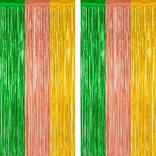 2 Pack Luau Decorations, 3.28 FT x 7.05 FT Summer Party Streamer, Green Brown Yellow Backdrop Tinsel Curtains Fringe Curtains, Metallic Hawaiian Supplies Aloha Party Decor