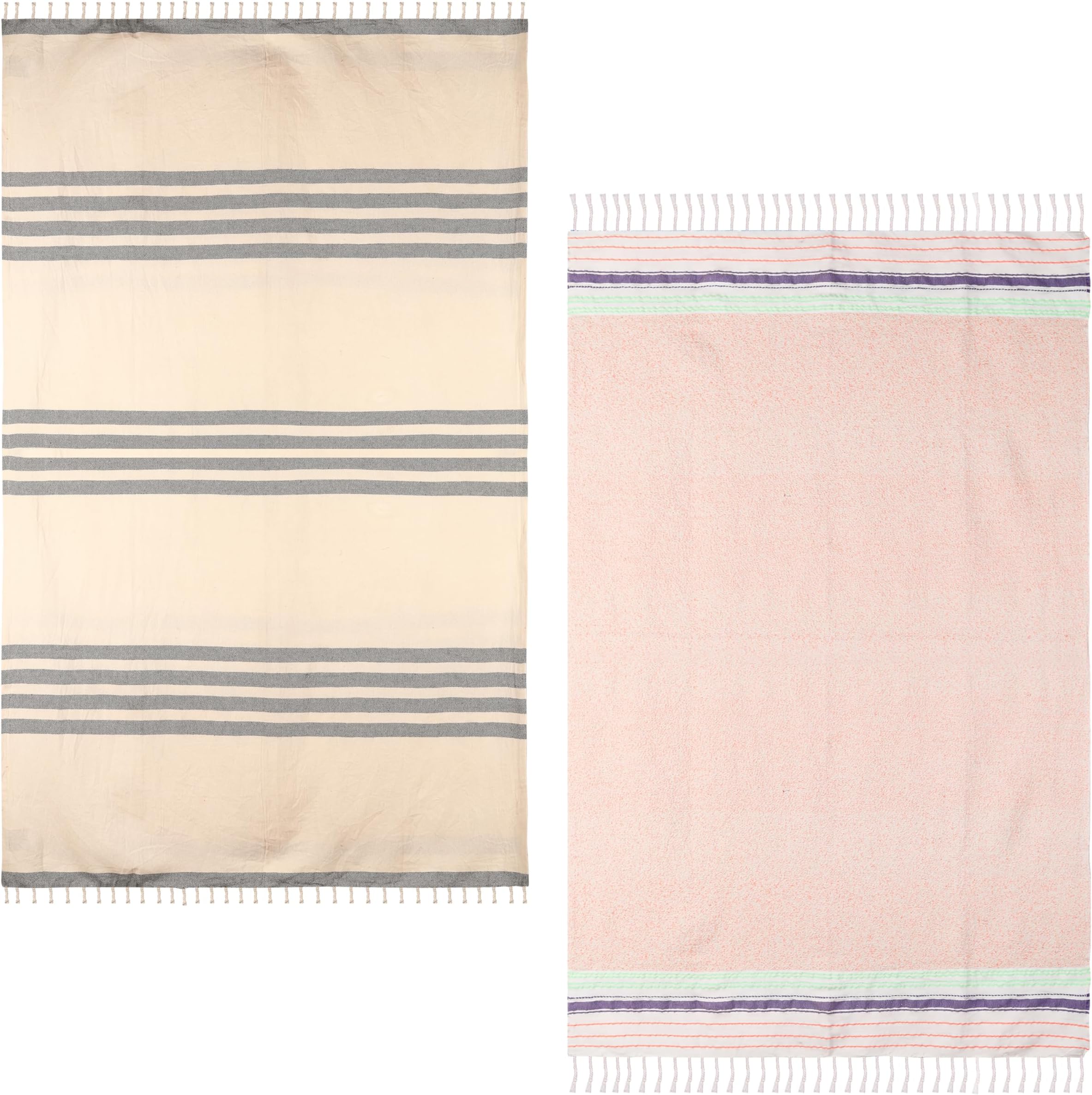 Organix 100% Cotton Turkish Fouta Beach Towel, Pack of 2, 35x70 inches, Sand Free Quick Dry Swim Towel, Extra Large Light Travel Towel for Adults, Soft Durable Absorbent - Multicolor