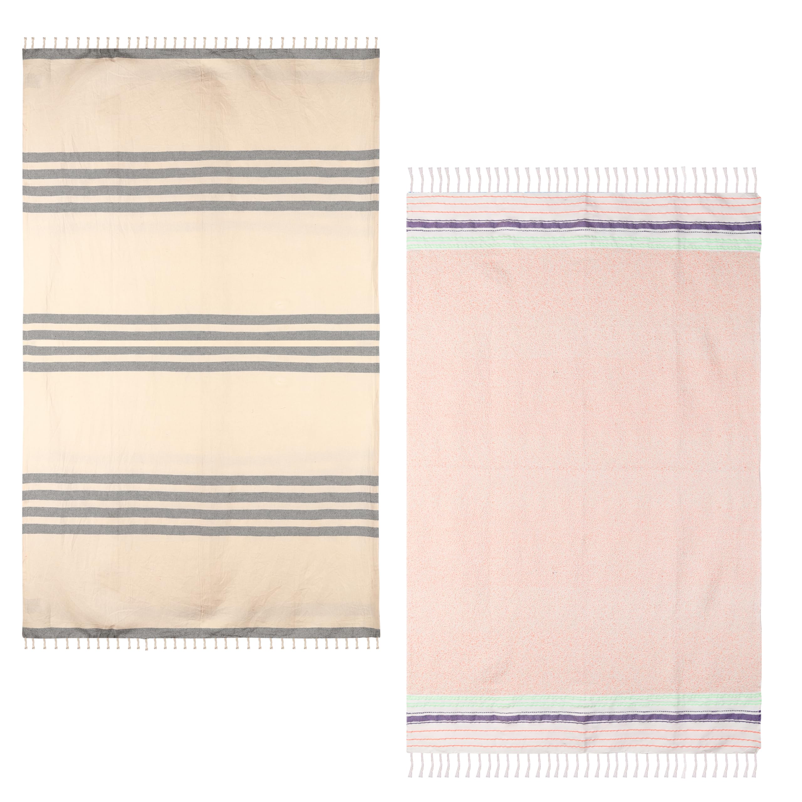 Organix 100% Cotton Turkish Fouta Beach Towel, Pack of 2, 35x70 inches, Sand Free Quick Dry Swim Towel, Extra Large Light Travel Towel for Adults, Soft Durable Absorbent - Multicolor