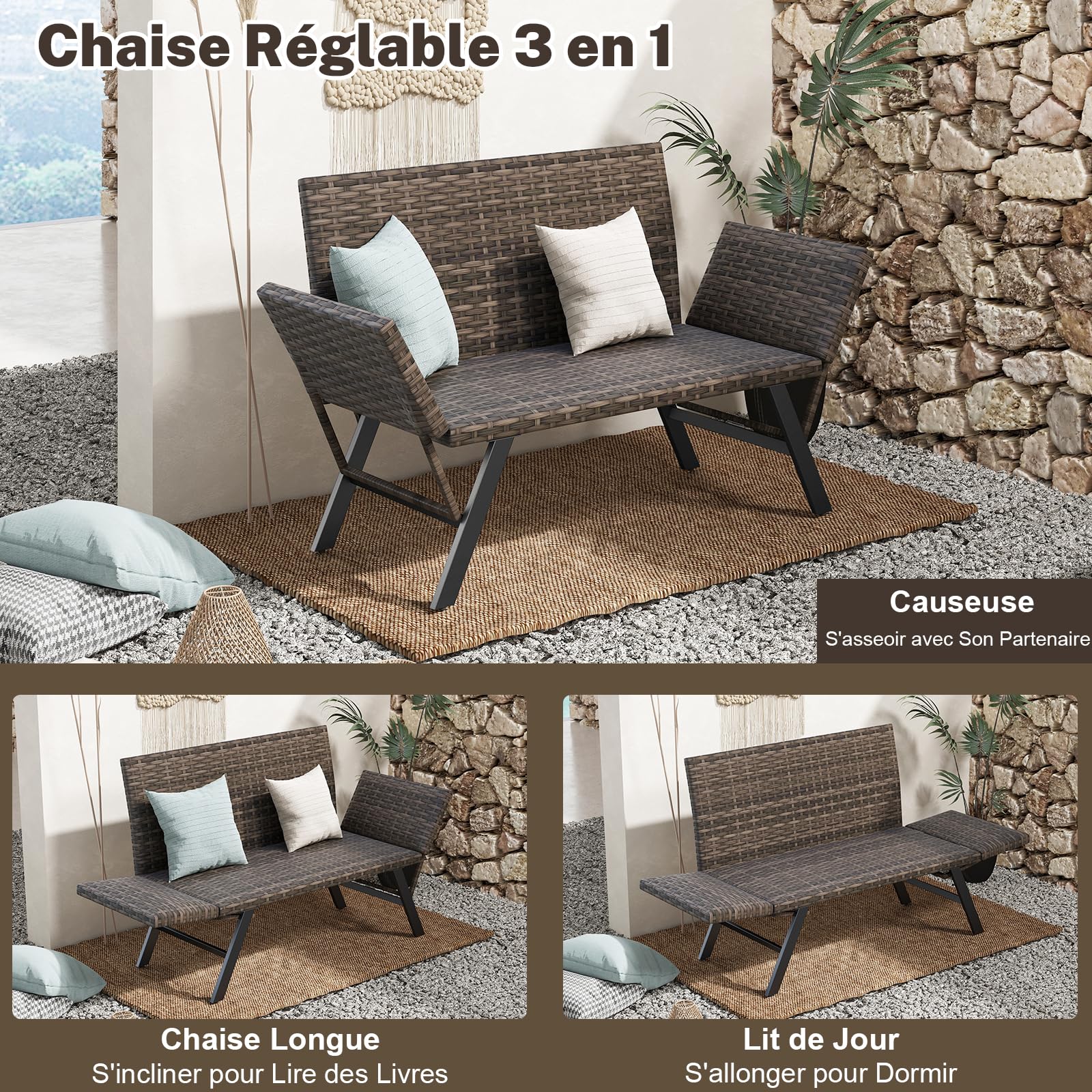 GIANTEX Canapé Jardin en Rotin 2 Places, Banquette Convertible Extérieur avec Accoudoirs Réglables, Design Tressé, Longueur 163-178cm, Charge 300 kg, Transat de Jardin pour Terrasse, Balcon, Piscine