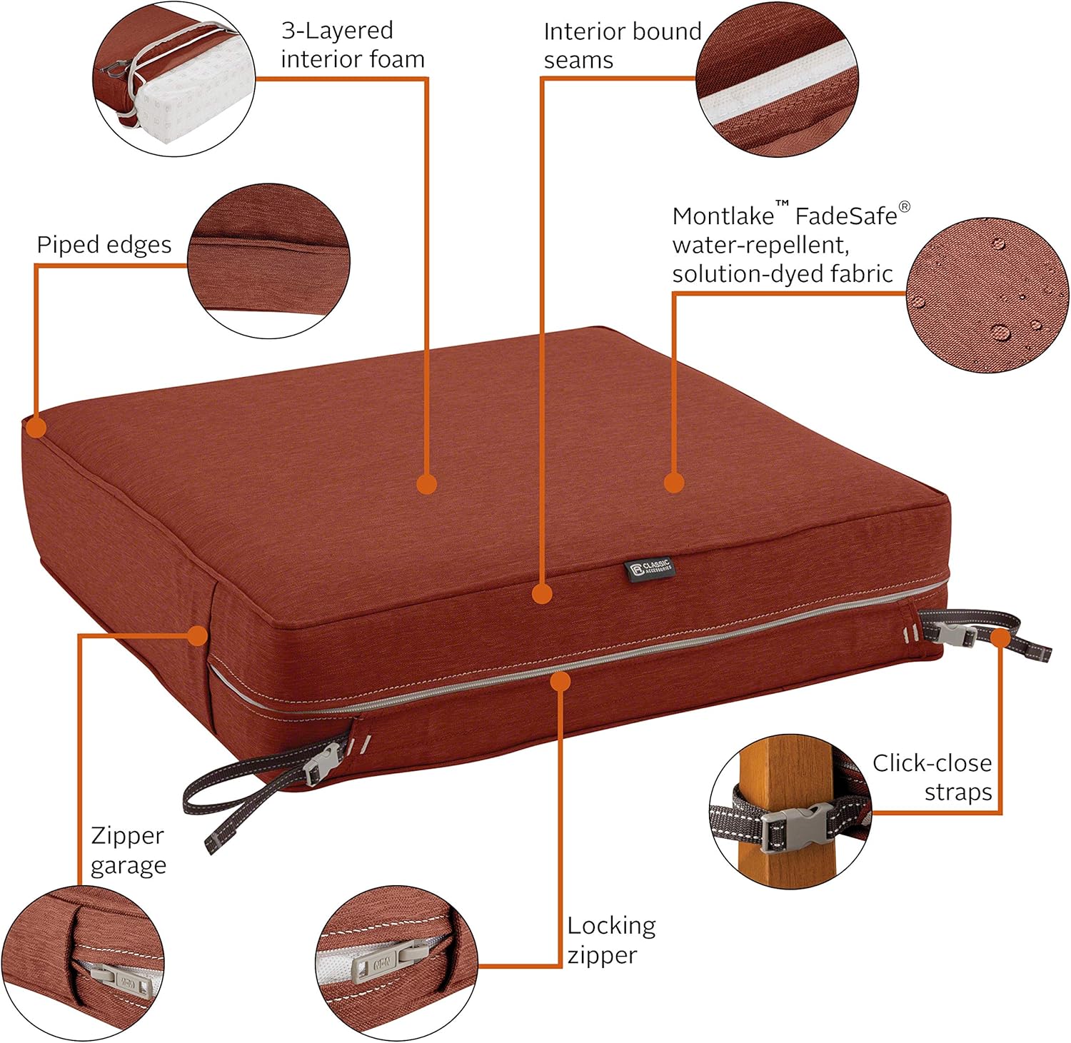Classic Accessories Montlake Water-Resistant 23 x 25 x 5 Inch Rectangle Outdoor Seat Cushion, Patio Furniture Chair Cushion, Heather Henna Red, Patio Furniture Cushion Covers